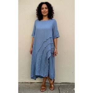 Linen Blue Midi Dress Women's Large Asymmetric Layered Hem Artsy Boho Oversized